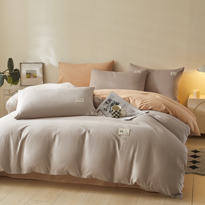 91家纺网 家纺一手货源 找家纺 莱通家纺 2025新款纯色双拼四件套 山灰+卡其