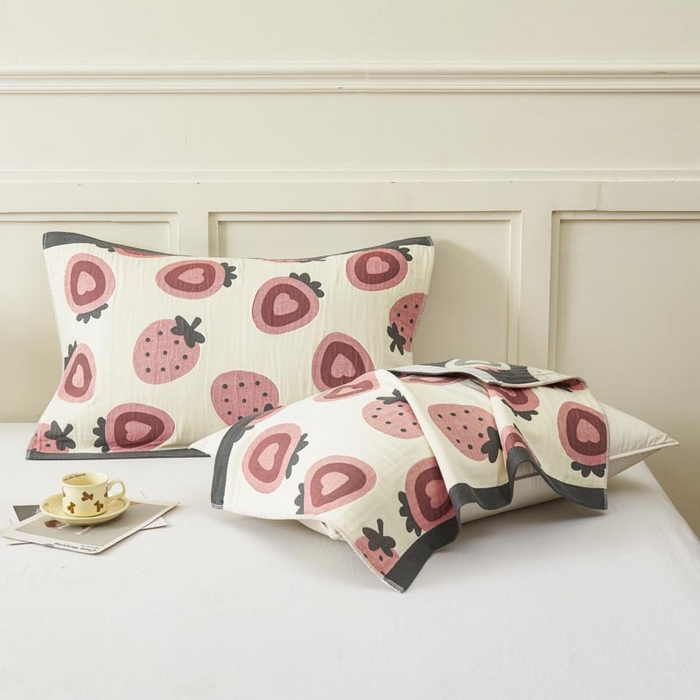 91家纺网 家纺一手货源 找家纺 2025新款纯棉加厚精梳棉纱布枕巾 草莓巧心-米黄 52*78cm/对