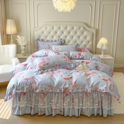 恋尚 2025新款全棉纯棉蕾丝印花床笠裙四件套 夏瑶