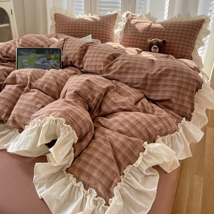 91家纺网 家纺一手货源 找家纺 （总）六巷胡同 2025新款韩式复古风水洗棉花边格子四件套