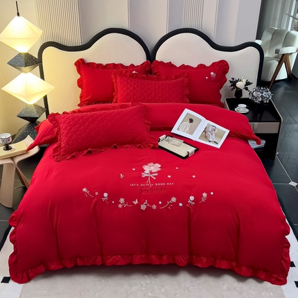 2025新款韩版刺绣花边夹棉床盖蕾丝边四件套 盛若花语-大红
