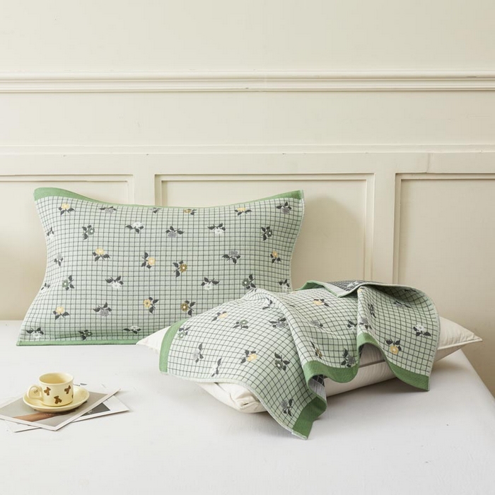 91家纺网 家纺一手货源 找家纺 2025新款纯棉加厚精梳棉纱布枕巾 花韵-浅绿 52*78cm/对