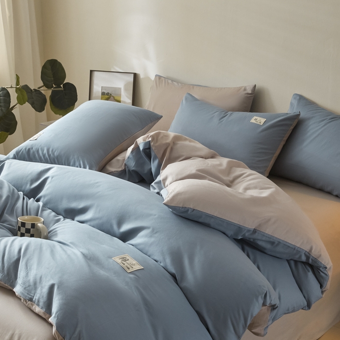 91家纺网 家纺一手货源 找家纺 莱通家纺 2025新款纯色双拼四件套 天空蓝+山灰