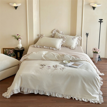 名品优仓 2025新款纯棉水洗棉双层纱提花手工花韩版花边四件套 微光花影一奶茶杳