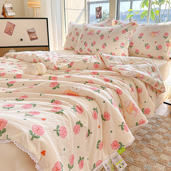 91家纺网 家纺一手货源 找家纺 创优  2025新款有氧双层纱小清新印花小花边夏被夏凉被可机洗空调被子被芯 曼塔玫瑰