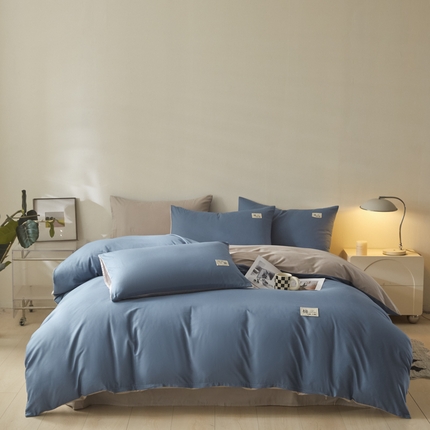 莱通家纺 2025新款纯色双拼四件套 宾利蓝+山灰