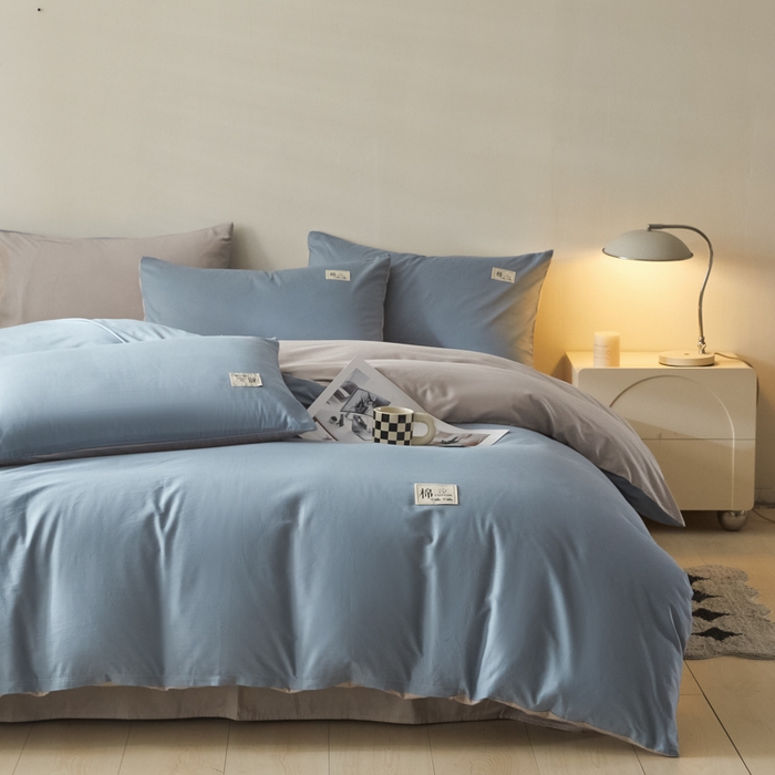 91家纺网 家纺一手货源 找家纺 莱通家纺 2025新款纯色双拼四件套 天空蓝+山灰