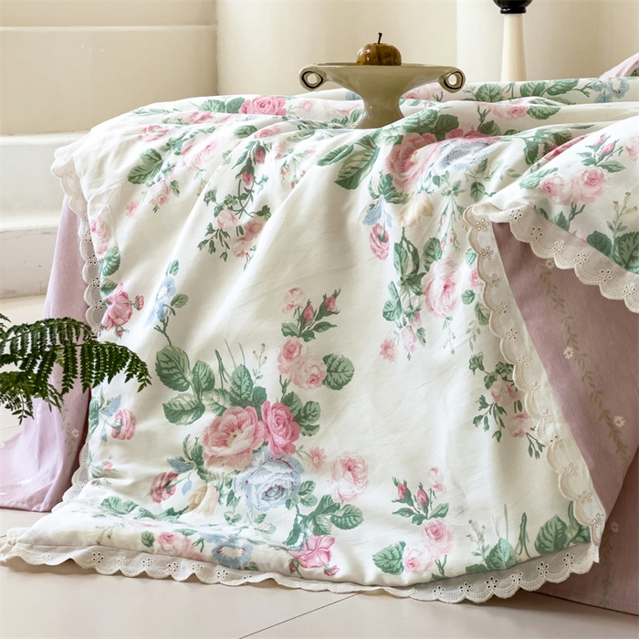 91家纺网 家纺一手货源 找家纺 2025新款全棉花边大豆夏被四件套 可妮露