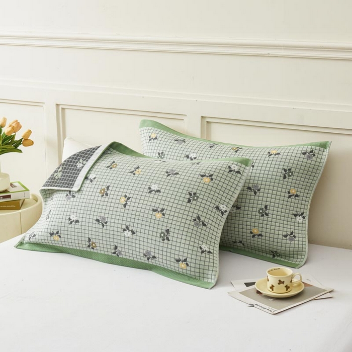 91家纺网 家纺一手货源 找家纺 2025新款纯棉加厚精梳棉纱布枕巾 花韵-浅绿 52*78cm/对