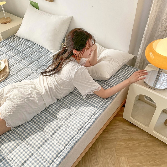 91家纺网 家纺一手货源 找家纺 丽诺 2024新款全棉色织棉花床护垫 全棉色织水洗棉-蓝小格