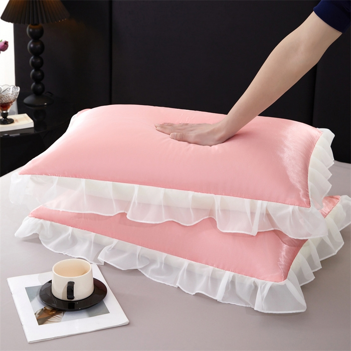 91家纺网 家纺一手货源 找家纺 梦舒羽 2025新款公主风夏季冰丝枕套单人一对装可水洗花边枕头套宿舍48x74cm枕芯套枕头套 花边款-玉色