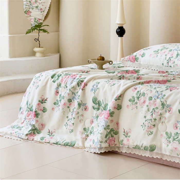 91家纺网 家纺一手货源 找家纺 2025新款全棉花边大豆夏被四件套 可妮露