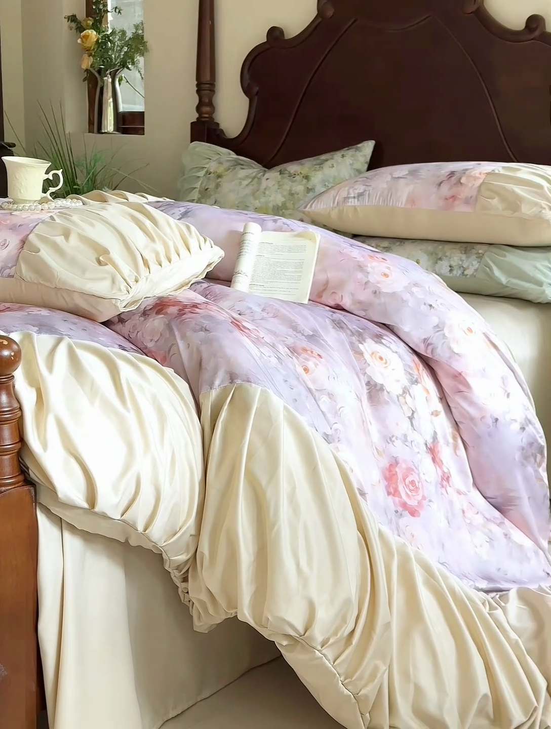 91家纺网 家纺一手货源 找家纺 艾米家居 2025新款A类天丝棉冰丝法式花边褶皱款四件套 秘密花园皱褶款