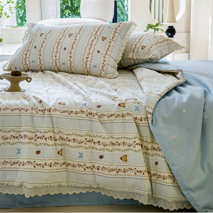 91家纺网 家纺一手货源 找家纺 2025新款全棉花边大豆夏被四件套 弗朗妮