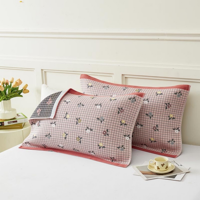 91家纺网 家纺一手货源 找家纺 2025新款纯棉加厚精梳棉纱布枕巾 花韵-粉 52*78cm/对