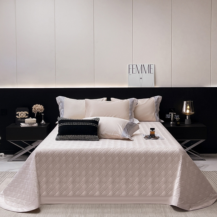 91家纺网 家纺一手货源 找家纺 春夏A类长绒棉夹棉床盖床笠四件套全棉纯棉纯色绗绣四季款保护罩高级感床上用品 瑾雅-静谧粉