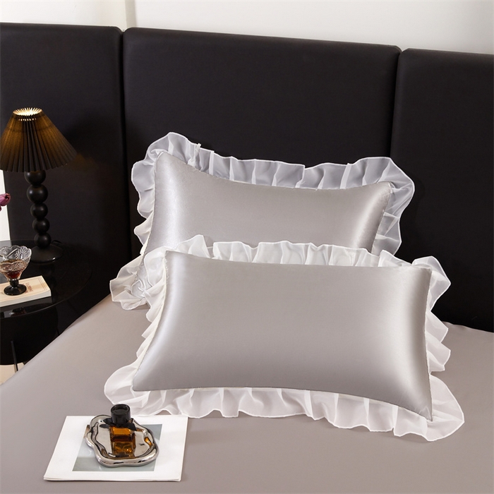 91家纺网 家纺一手货源 找家纺 梦舒羽 2025新款公主风夏季冰丝枕套单人一对装可水洗花边枕头套宿舍48x74cm枕芯套枕头套 花边款-典雅灰