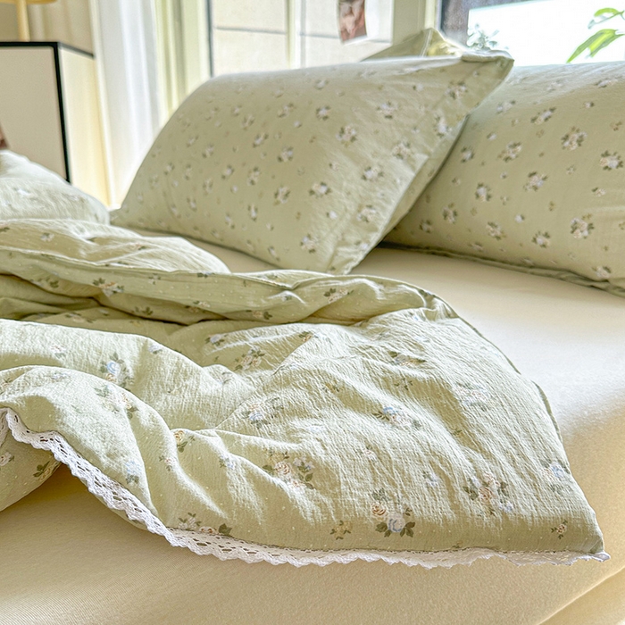 91家纺网 家纺一手货源 找家纺 创优  2025新款有氧双层纱小清新印花小花边夏被夏凉被可机洗空调被子被芯 素雅茶绿