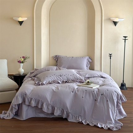 名品优仓 2025新款纯棉水洗棉双层纱提花韩版花边四件套 玫瑰故事 玫瑰故事一烟紫