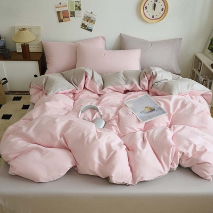 91家纺网 家纺一手货源 找家纺 鑫琪莱家纺 2025双拼色水洗棉四件套桃粉浅灰