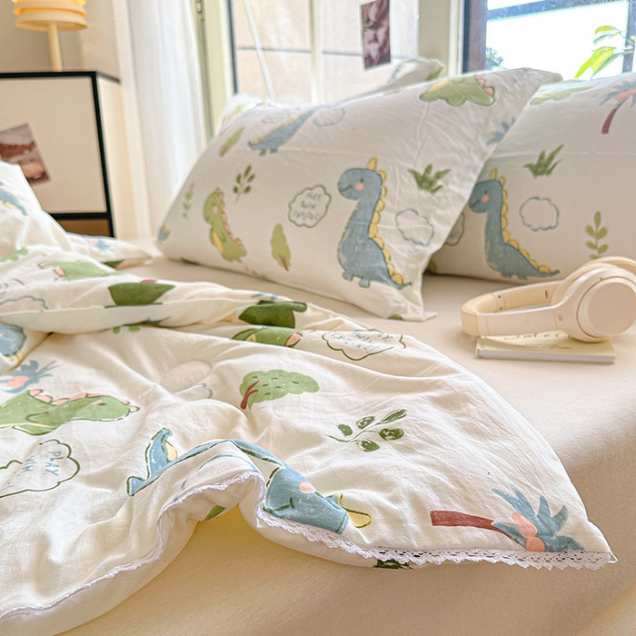 91家纺网 家纺一手货源 找家纺 创优  2025新款有氧双层纱小清新印花小花边夏被夏凉被可机洗空调被子被芯 恐龙乐园