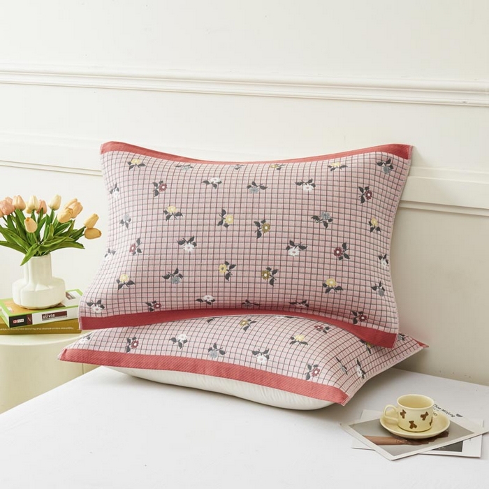 91家纺网 家纺一手货源 找家纺 2025新款纯棉加厚精梳棉纱布枕巾 花韵-粉 52*78cm/对