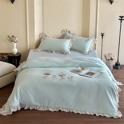 91家纺网 家纺一手货源 找家纺 （总）名品优仓 2025新款纯棉水洗棉双层纱提花手工花韩版花边四件套