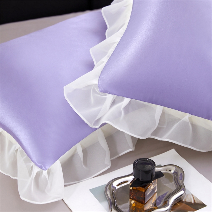 91家纺网 家纺一手货源 找家纺 梦舒羽 2025新款公主风夏季冰丝枕套单人一对装可水洗花边枕头套宿舍48x74cm枕芯套枕头套 花边款-雪青色