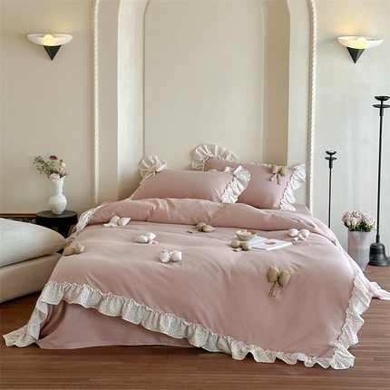 名品优仓 2025新款纯棉水洗棉双层纱提花韩版花边四件套 思薇 思薇一西瓜红