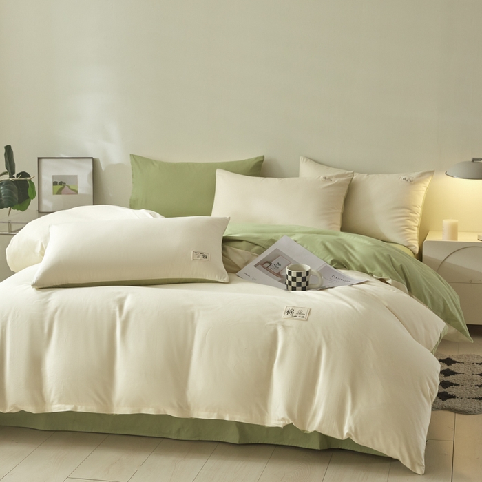 91家纺网 家纺一手货源 找家纺 莱通家纺 2025新款纯色双拼四件套 奶昔白+抹茶绿
