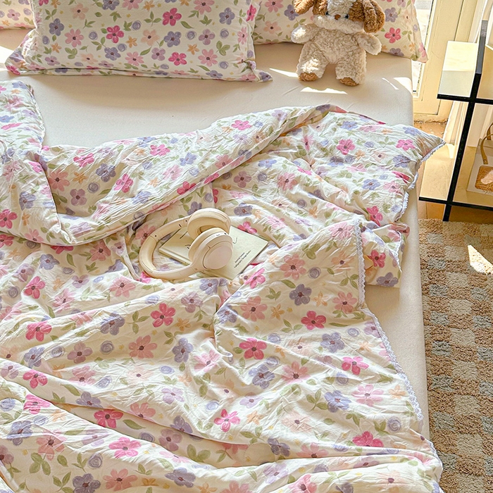 91家纺网 家纺一手货源 找家纺 创优  2025新款有氧双层纱小清新印花小花边夏被夏凉被可机洗空调被子被芯 满心欢喜