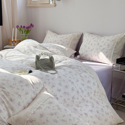  2025新款A类针织棉双层纱蕾丝花边四件套 花语轻柔