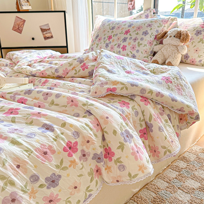 91家纺网 家纺一手货源 找家纺 创优  2025新款有氧双层纱小清新印花小花边夏被夏凉被可机洗空调被子被芯 满心欢喜