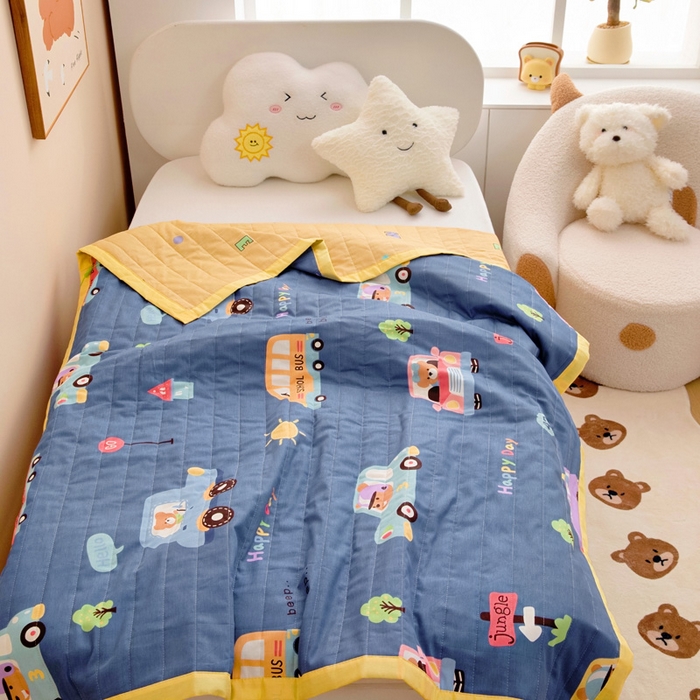 91家纺网 家纺一手货源 找家纺 梵赫   2025新款全棉卡通夏被 宝宝巴士-蓝