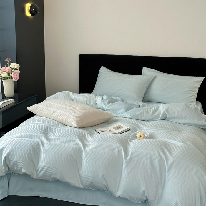 91家纺网 家纺一手货源 找家纺 例外Home 2025新款全棉提花四件套-鱼骨纹 鱼骨纹-水森林