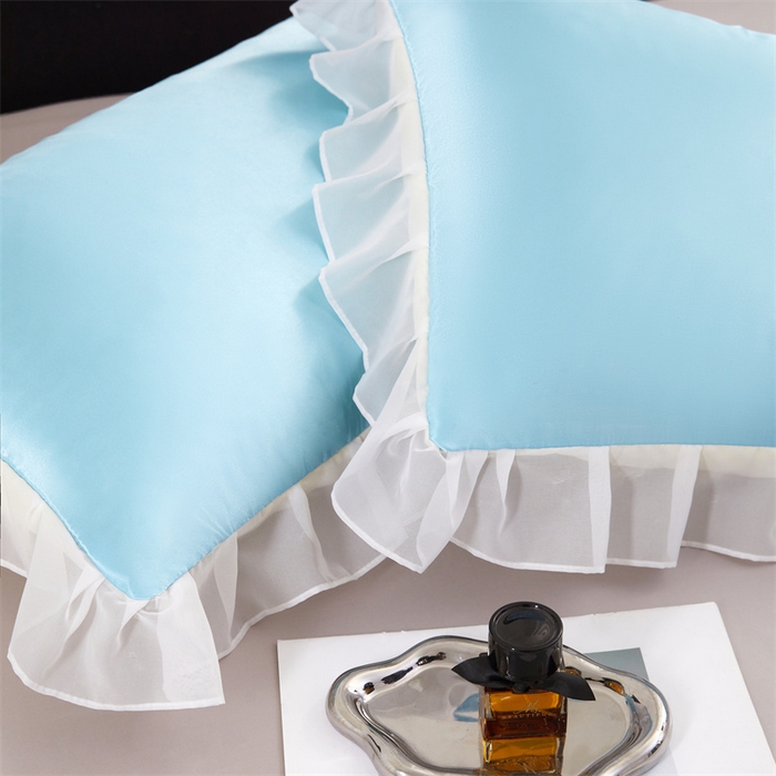 91家纺网 家纺一手货源 找家纺 梦舒羽 2025新款公主风夏季冰丝枕套单人一对装可水洗花边枕头套宿舍48x74cm枕芯套枕头套 花边款-天空蓝