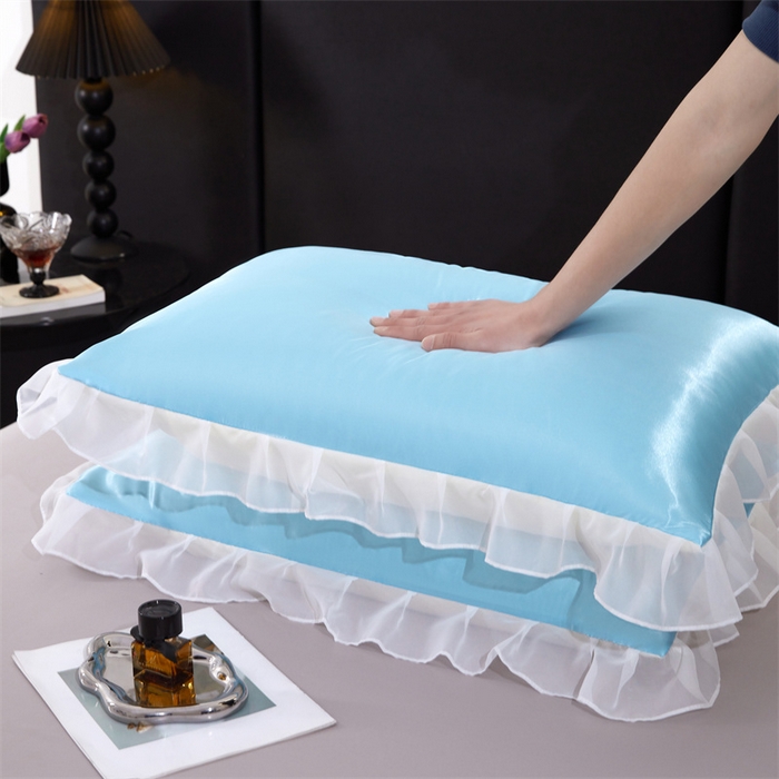 91家纺网 家纺一手货源 找家纺 梦舒羽 2025新款公主风夏季冰丝枕套单人一对装可水洗花边枕头套宿舍48x74cm枕芯套枕头套 花边款-天空蓝