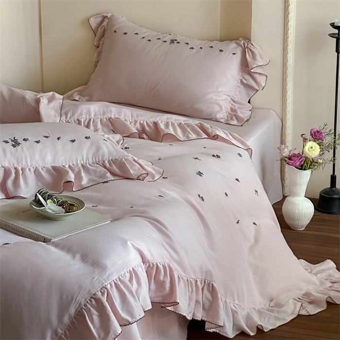 91家纺网 家纺一手货源 找家纺 （总）名品优仓 2025新款纯棉水洗棉双层纱提花韩版花边四件套 玫瑰故事