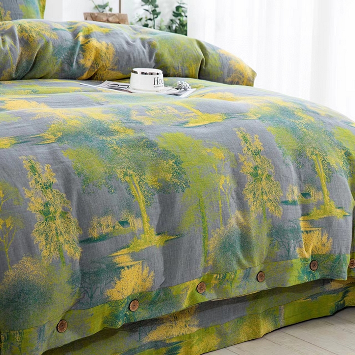 91家纺网 家纺一手货源 找家纺 双层纱家居 2025新款浅色系列双层纱四件套 漫步森林-灰