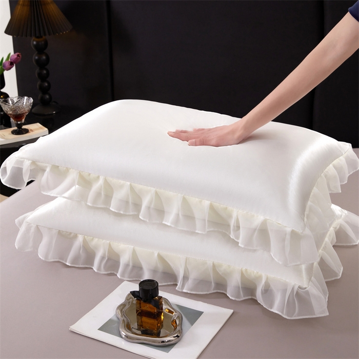 91家纺网 家纺一手货源 找家纺 梦舒羽 2025新款公主风夏季冰丝枕套单人一对装可水洗花边枕头套宿舍48x74cm枕芯套枕头套 花边款-珍珠白