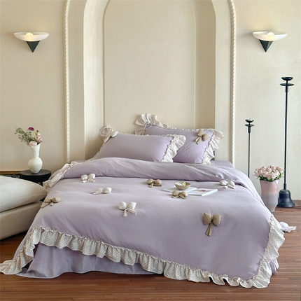 91家纺网 家纺一手货源 找家纺 名品优仓 2025新款纯棉水洗棉双层纱提花韩版花边四件套 思薇 思薇一烟紫色