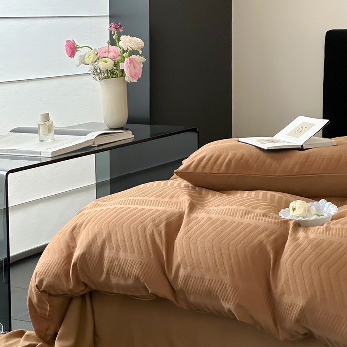 91家纺网 家纺一手货源 找家纺 例外Home 2025新款全棉提花四件套-鱼骨纹 鱼骨纹-太妃咖