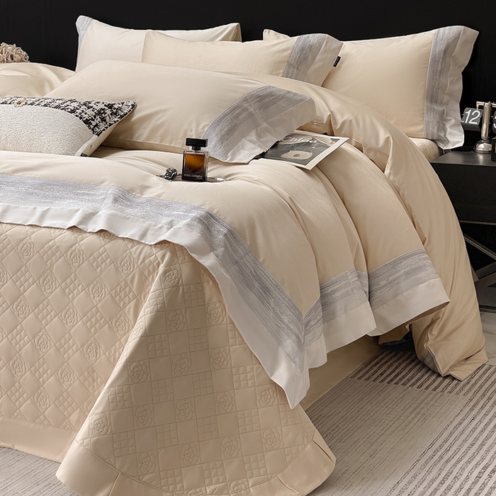 91家纺网 家纺一手货源 找家纺 春夏A类长绒棉夹棉床盖床笠四件套全棉纯棉纯色绗绣四季款保护罩高级感床上用品 瑾雅-束缦杏