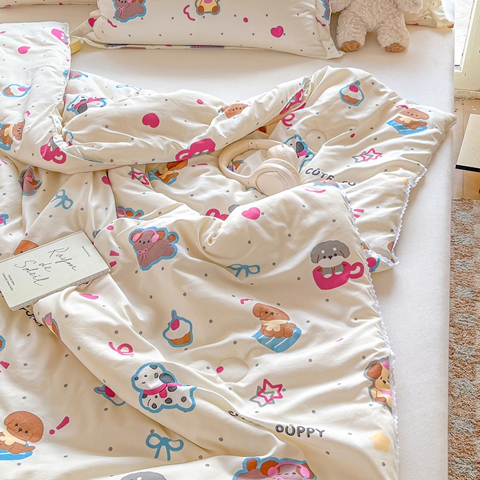 91家纺网 家纺一手货源 找家纺 创优  2025新款有氧双层纱小清新印花小花边夏被夏凉被可机洗空调被子被芯 多彩小汪