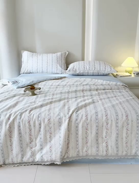 91家纺网 家纺一手货源 找家纺 2025新款全棉花边大豆夏被四件套 弗朗妮