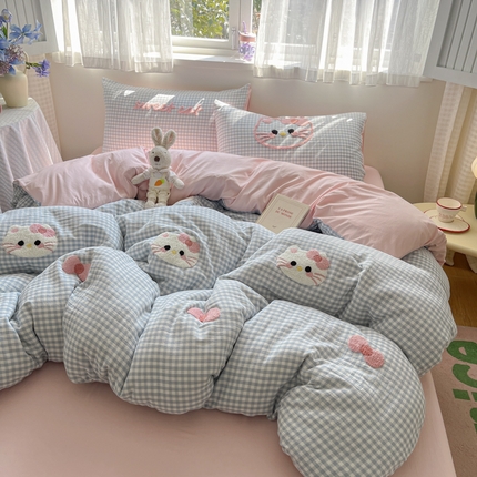 91家纺网 家纺一手货源 找家纺 （总） 2025新款水洗棉猫咪毛巾绣四件套