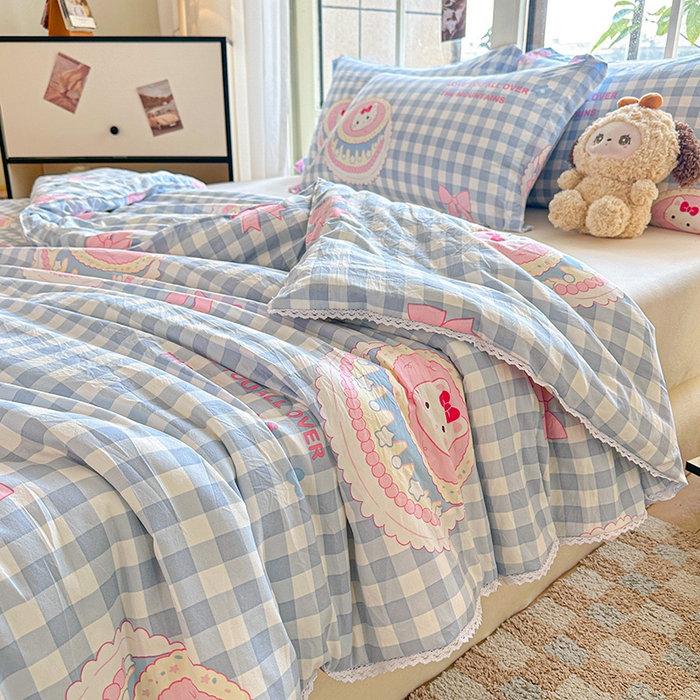 91家纺网 家纺一手货源 找家纺 创优  2025新款有氧双层纱小清新印花小花边夏被夏凉被可机洗空调被子被芯 蛋糕蓝格 kt