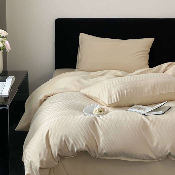 91家纺网 家纺一手货源 找家纺 例外Home 2025新款全棉提花四件套-鱼骨纹 鱼骨纹-杏仁黄