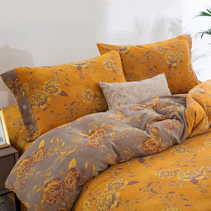 91家纺网 家纺一手货源 找家纺 双层纱家居 2025新款浅色系列双层纱四件套 陌上花开黄