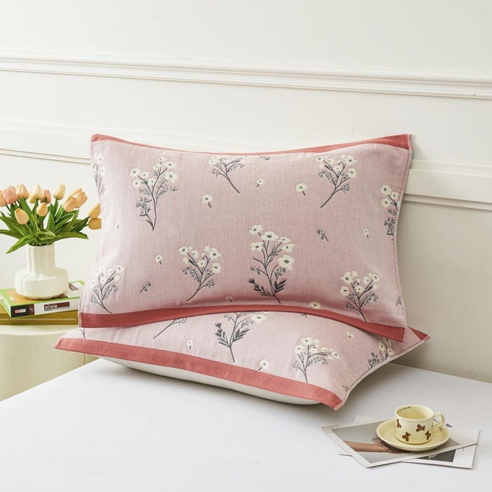 91家纺网 家纺一手货源 找家纺 2025新款纯棉加厚精梳棉纱布枕巾 慕朵-粉色 52*78cm/对